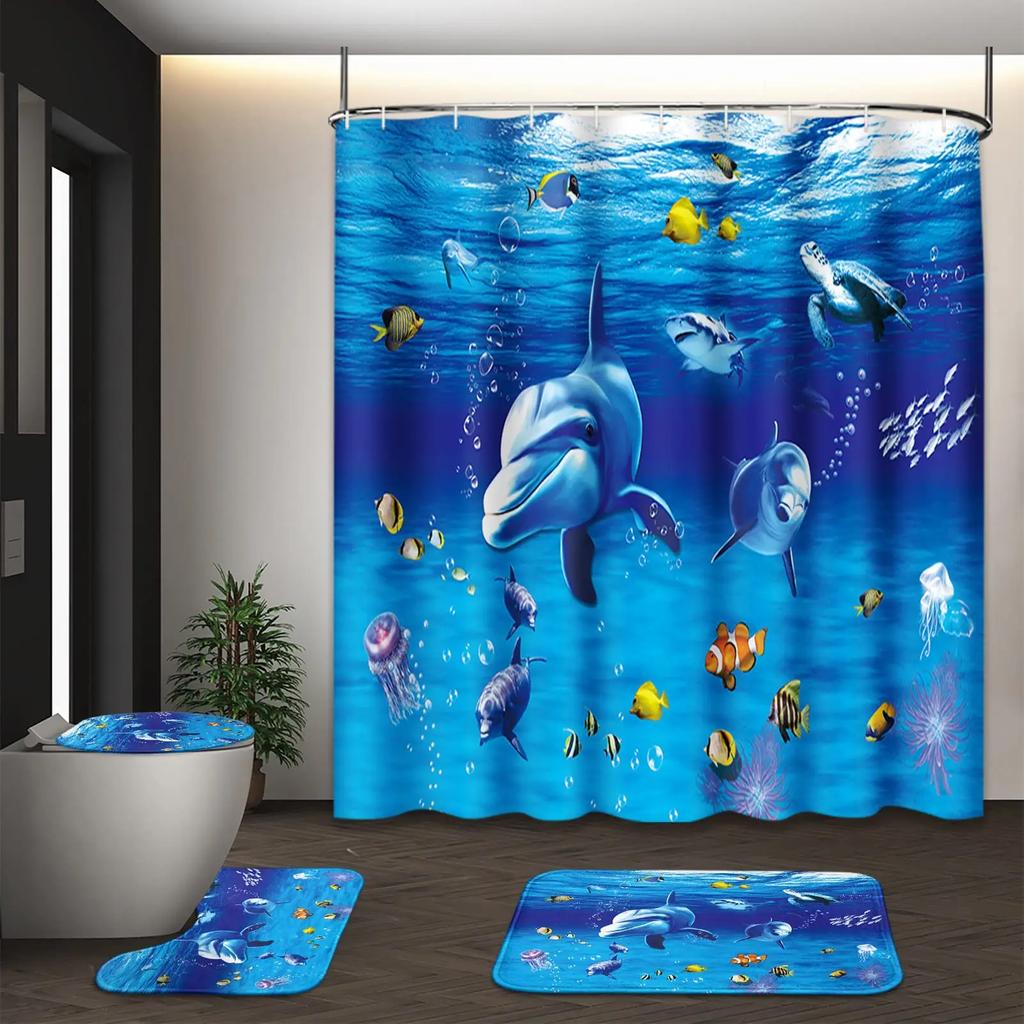 Deep Ocean Dolphin 3D Printing Waterproof Fabric Shower Curtain Set Bathroom Curtains Toilet Cover Mat Non Slip Rug Home Decor