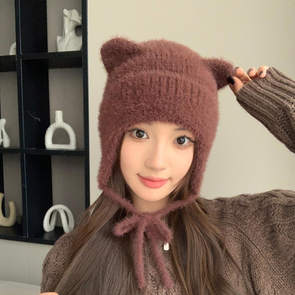 Cute Bear Ears Knitted Wool Hat Women's Big Head Circumference Versatile Face Little Lei Feng Hat Warm Ear Protection Hat Tide