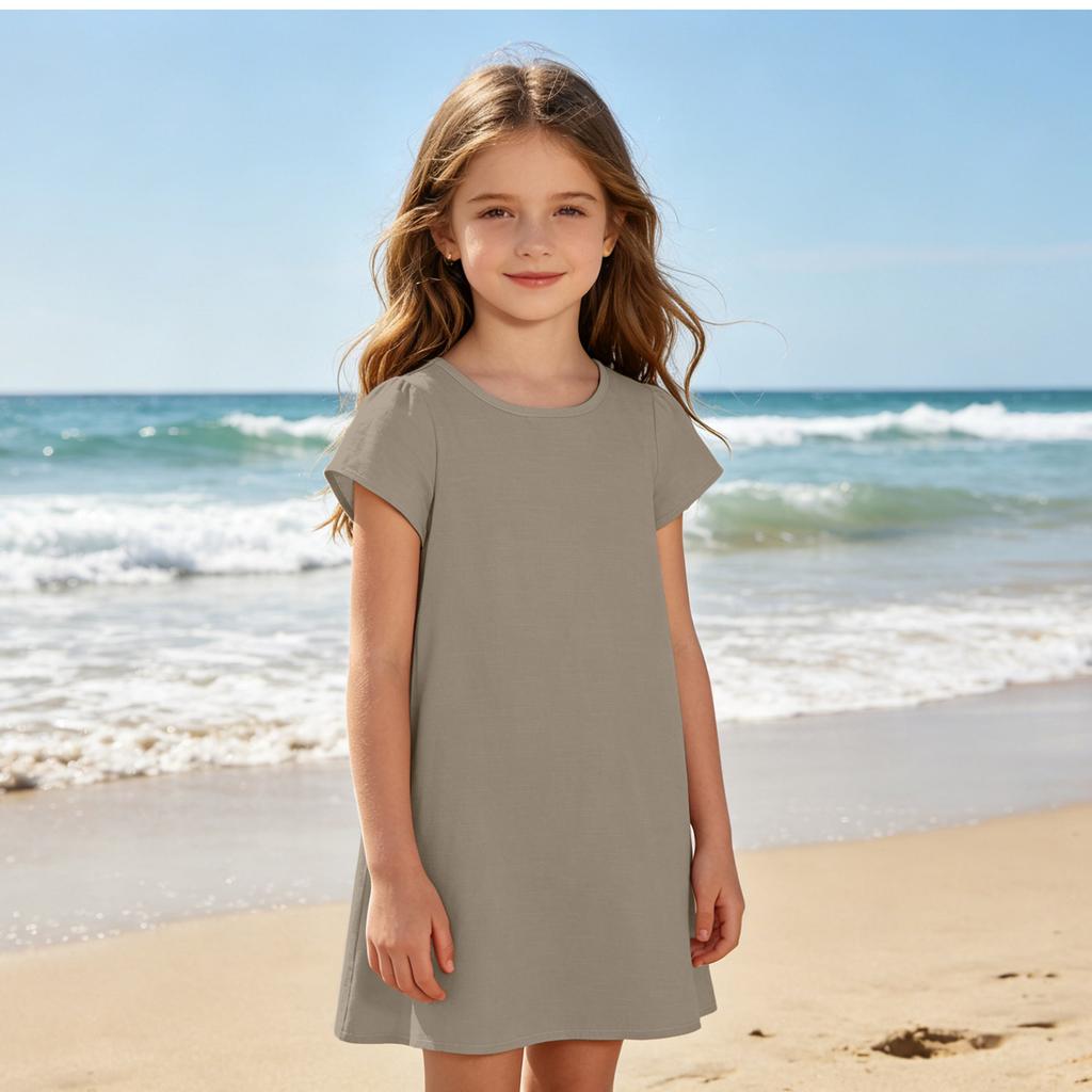 Girls Casual Short Sleeve Dress Lightweight Breathable Summer Dress Made from Cotton Linen Fabric Comfortable Fit Simple Design