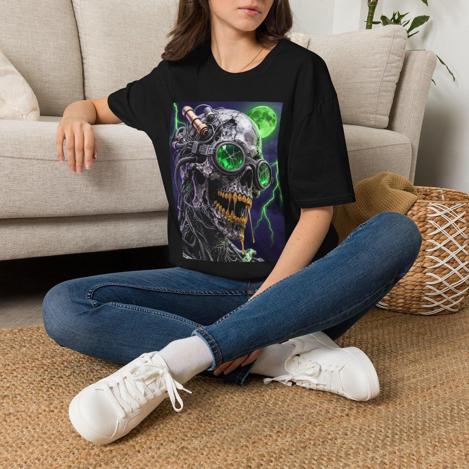 Cyber Skull T-Shirt, Sci-Fi Robot Skeleton Graphic , Futuristic Neon Green Skull Shirt, Edgy Cyberpunk Streetwear, Techwear Graphic Apparel 3XL