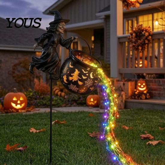 Osvětlená venkovní sezónní dekorace Halloweenský kotel čarodějnice Zahradní světlo, Kovový kůl na zahradu s LED řetězem Ozdoba na květináč Světla, Vodotěsná socha pro
