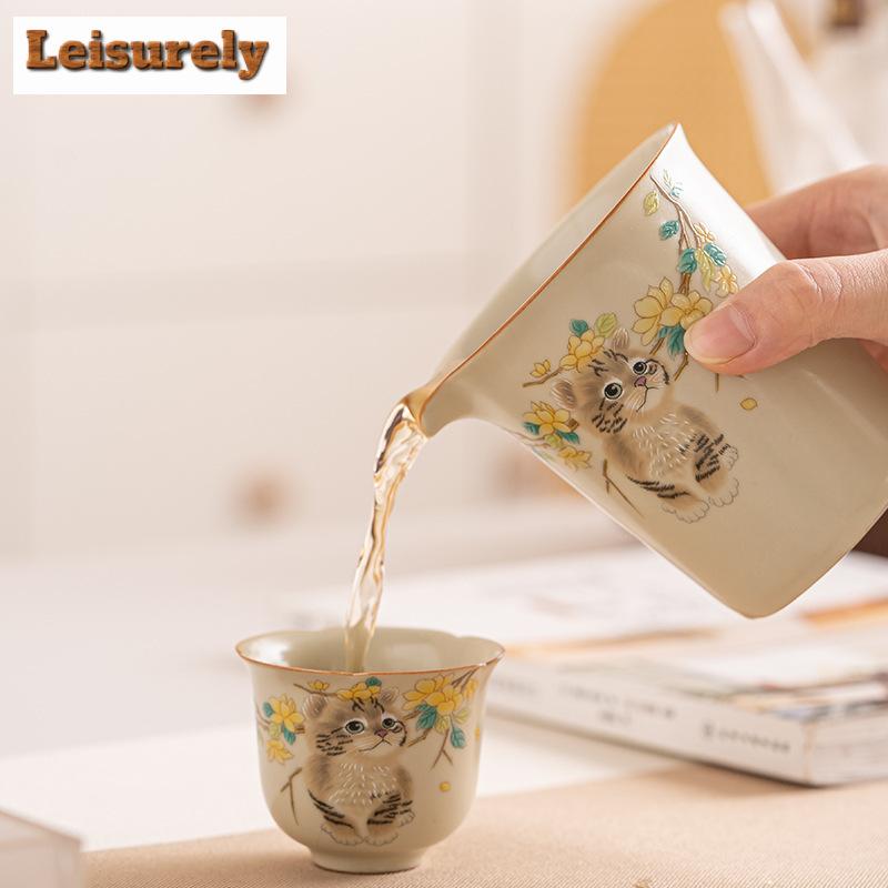 230 ml ręcznie robiony kremowy dzbanek do herbaty z porcelany Ru Kiln, ręcznie chwytający kubek do herbaty Cha Hai Household Justice Cup Teaset Craft Supplies