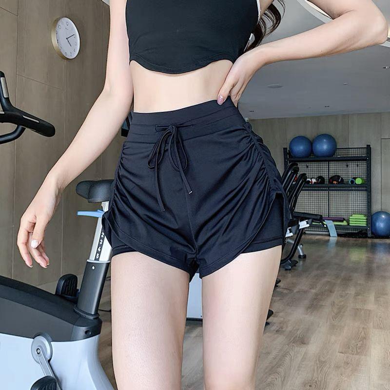 

Women s Quick-Drying Summer with Lining Ruched High Waist Drawstring Yoga Pants Fashion Tape Running Exercise Shorts Training Workout Pants Black L