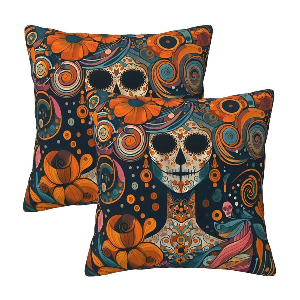 Mexican Catrina Girl Day Of The Dead Sugar Skull 2 Pcs Square Pillowcase Pillow Cover Cushion Throw Pillow For Home Bedroom