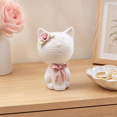 1/2Pcs Ceramic Bow Cat Figurine, Sitting Kitten Statue with Flower Decor, Mini Animal Desktop Ornament for Home Office