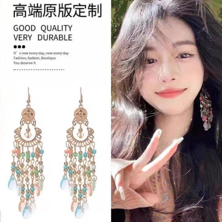 Bohemian water droplets crystal rice beads fringed ear hooks retro ethnic style earrings fashion vacation style earrings