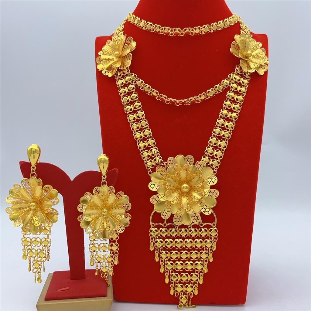 Indian 24K Gold Plated Big Necklace Earrings Jewelry Set For Women African Dubai Nigeria Bridal Wedding Party Gift Jewellery