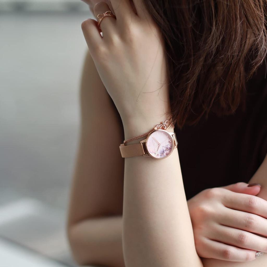 Autorizovaný prodejce Olivia Burton Hodinky OB16PP39 Akvarelové květinové Růžové zlato Síťovina [OLIVIA BURTON] Dámské