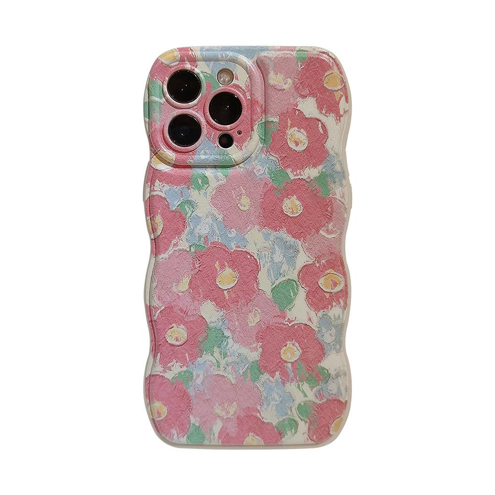 Oil Painting Girl Pink Flowers for IPhone15 for Apple 17promax Mobile Phone Case Wavy Edge 13 Silicone 16 for 11