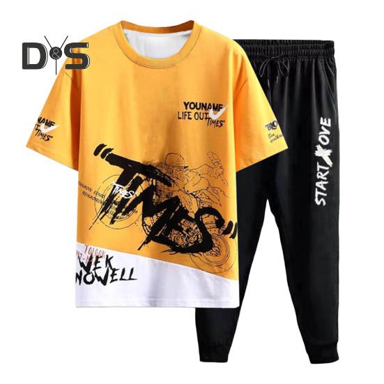 2Pcs/Set Men Summer Sportwear Set Letter Print O-neck Short Sleeve T-shirt Elastic Waist Drawstring Sweatpants Set Sport Outfit