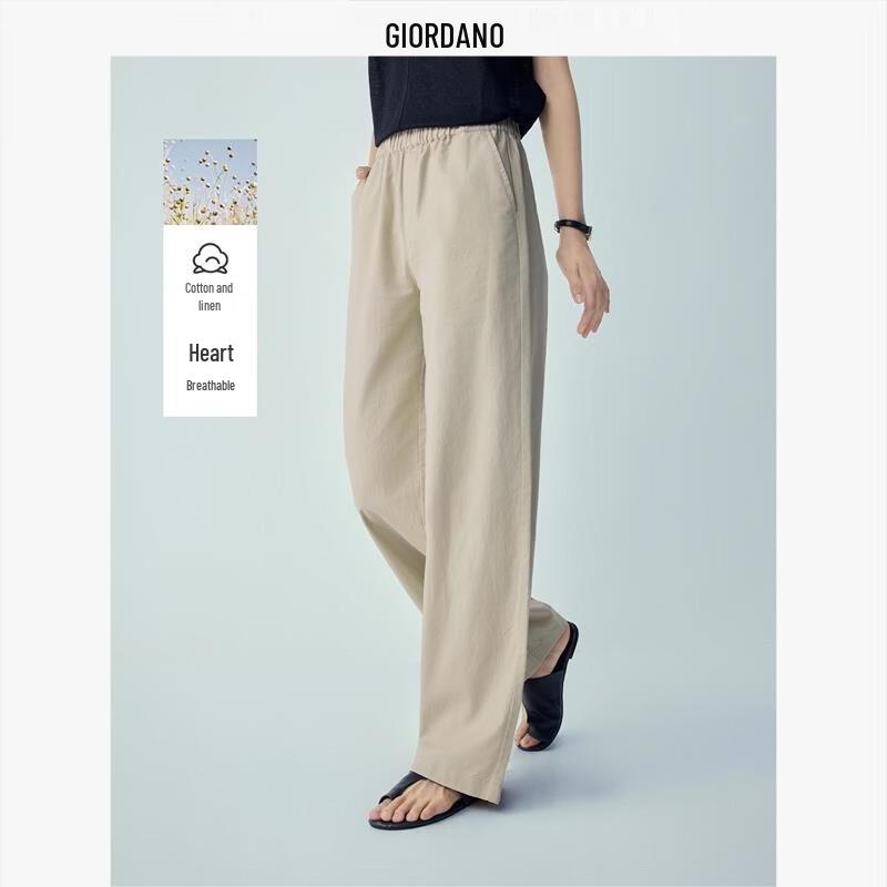 Giordano Women s Cotton-Linen Elastic Waist Straight Casual Pants M