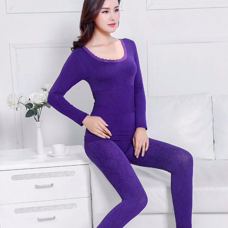 Sexy Women Underwear Thermal Sets High Neck Long Sleeve Top and Elastic Waist Bottom Comfortable Suit