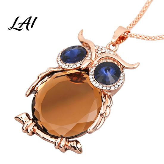 Gift for Mom And Friends Faux Crystal Owl Pendant Necklace Women Long Blue Sweater Chain Fashion Alloy Jewelry Accessory Daily Wear & Decoration