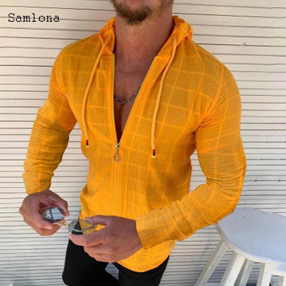 Moda Manga larga Sudadera con capucha Camisa con cremallera Camisa de hombre  Ropa de verano Color sólido Casual Estampado a cuadros Open Stitch Camiseta  delgada Para hombres comprar a buen precio —
