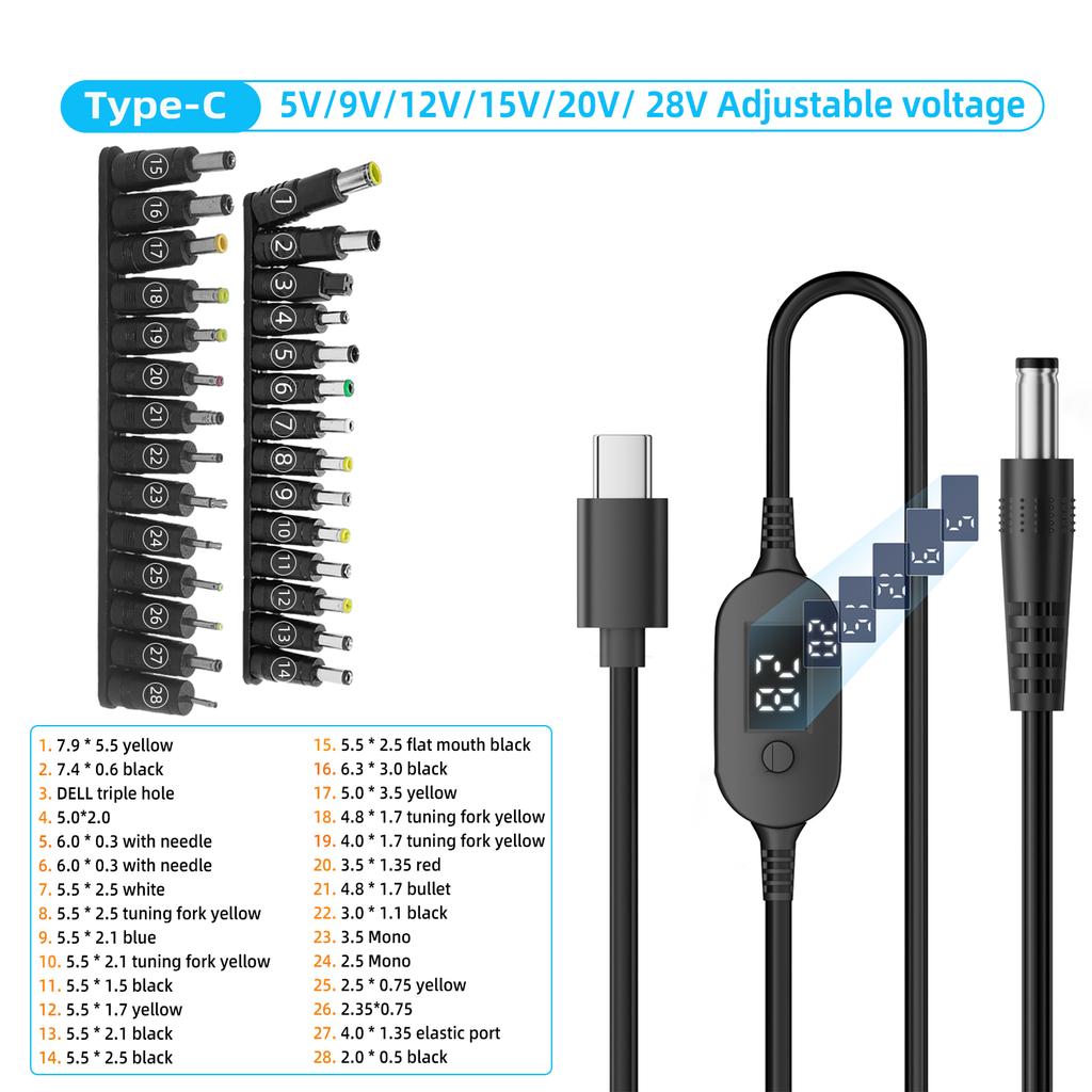 USB C To DC Power Cable 140W Type C To 5V 9V 12V 15V 20V 28V Adjustable Voltage Adapter Connector Cable for Laptop Routers