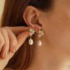 Exquisite Metal Flower Inlaid Zircon Pendant Earrings for Women Elegant White Imitation Pearl Earrings Engagement Party Jewelry
