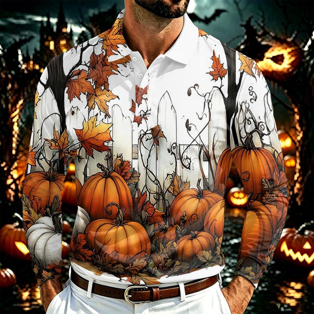 Herren Langarm Poloshirt Leichtes Atmungsaktives Netzgewebe Lässiges Hemd mit Knöpfen Halloween Geister-Aufdruck Design