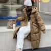 Womens Mid-Length Hooded Down Coat Oversized Pockets Thick Warm Winter Jacket With Horn Buttons