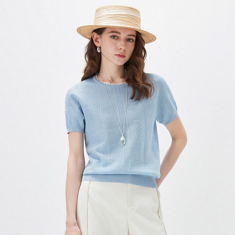 Women's Mulberry Silk Blend Lace Trim Short Sleeve Knit Top