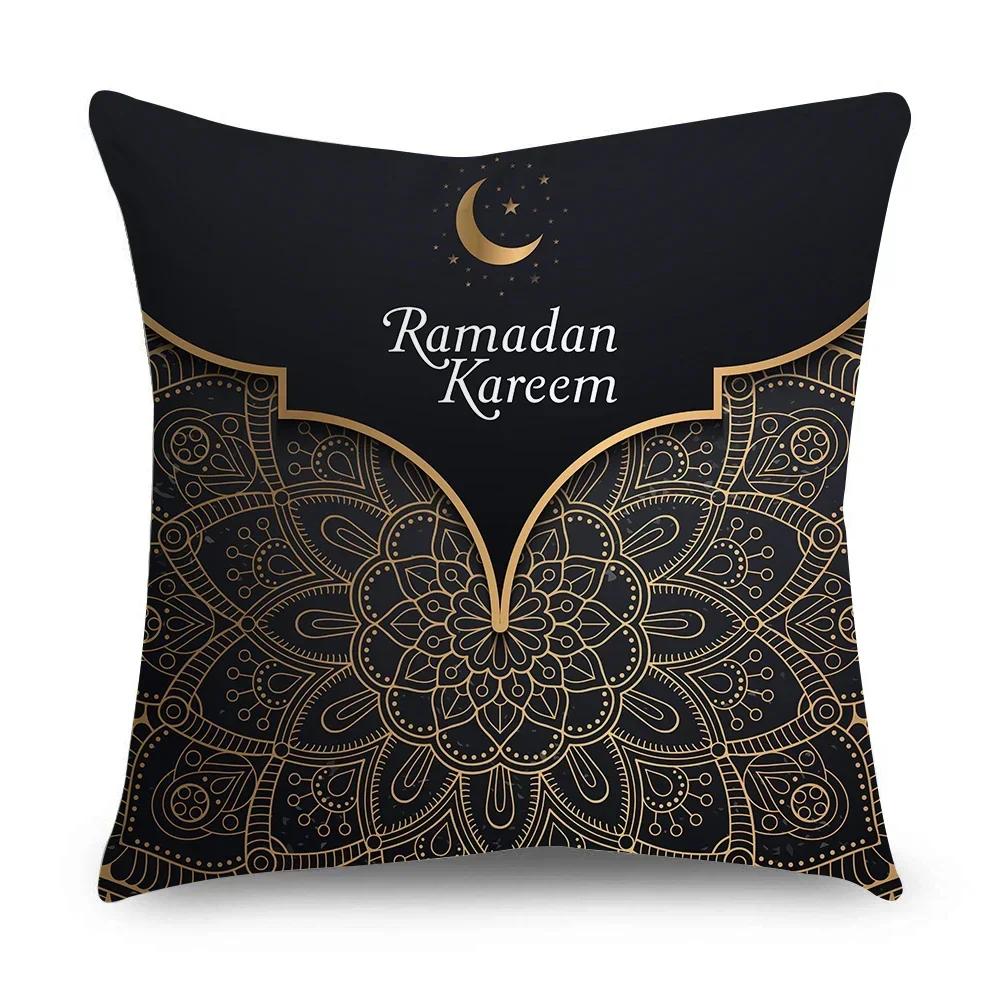 Ramadan Cushion Cover Islamic Eid Mubarak Black Gold Pillow Covers Home Decor Sofa Decorative Short Velvet Pillowcase _H,(1)