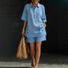 Nuovo Set Estivo da Donna in Lino Camicia e Pantaloncini Casual Comodo Ampio Bottoni Outfit Estivo
