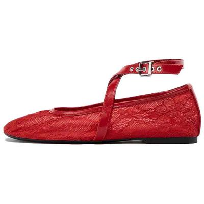 Snakeskin Print Ankle Strap Ballet Flats Red Women 13588510600-38