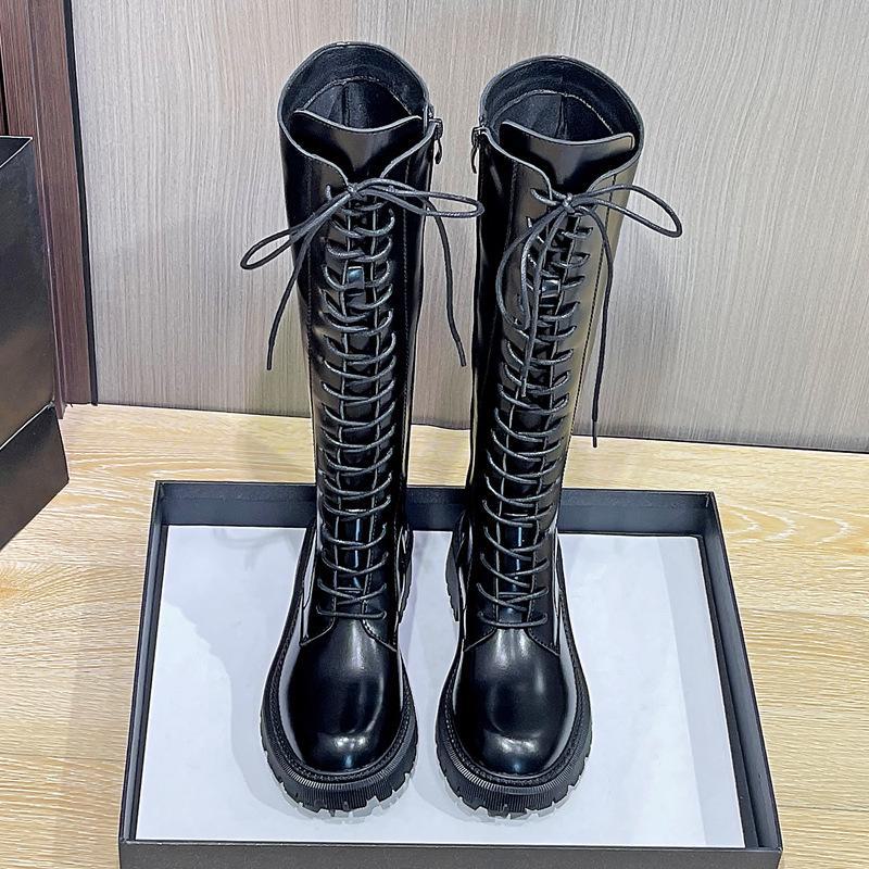 Женские рыцарские сапоги выше колена на толстой подошве мотоциклетные ботинки в стиле Мартина на весну осень и зиму 2024 года mid-length plus velvet size 38 чёрный 3877₽