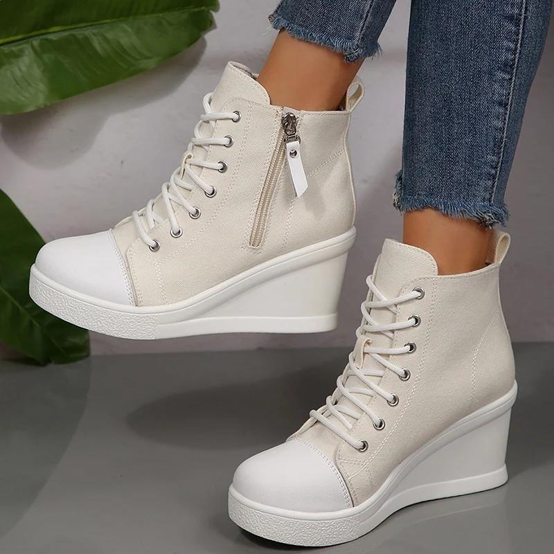 Mix Color White Black High Top Wedge Canvas Shoes Woman Autumn  Lace Up Platform Sneakers for Women Classic Vulcanized Shoes