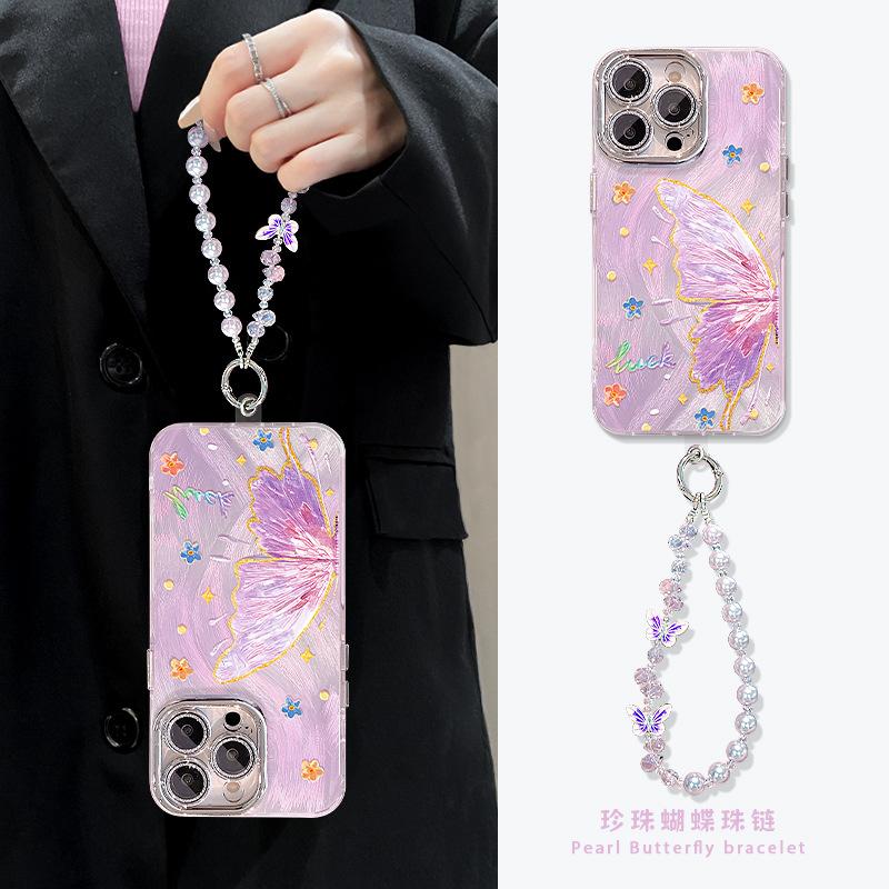 Oil painting butterfly chain is suitable for Apple 17 feather yarn mobile phone case iphone15promax new women's 16 Xiaomi 14.