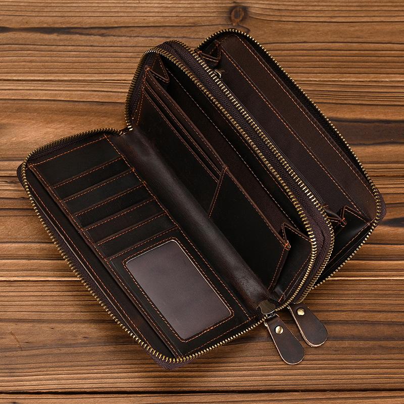 Brand Designer Retro Real Leather Wallet Male Business Casual With Double Zipper Cow Skin Crazy Horse Wallet With Wristlet