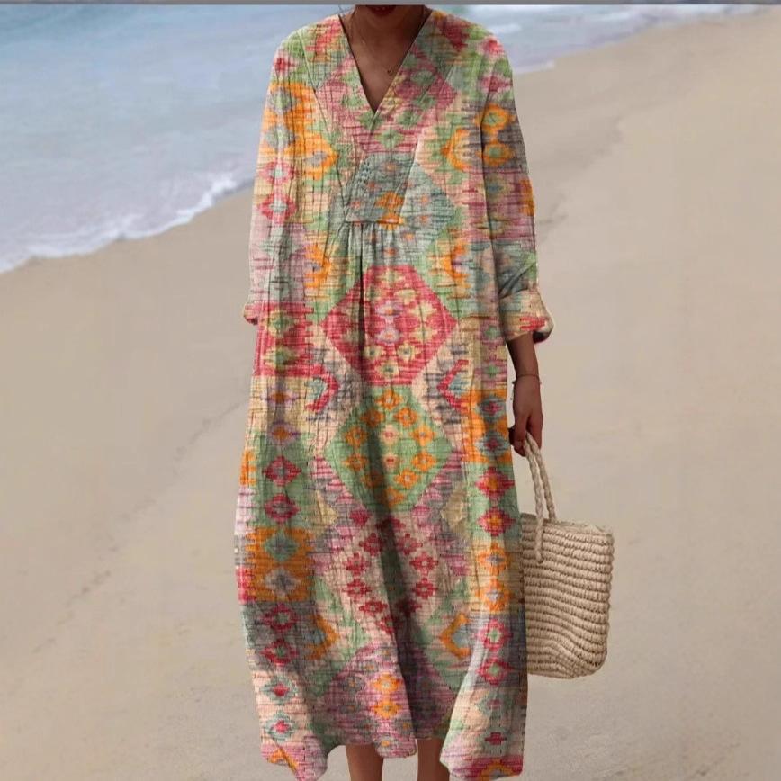 Fashion Vacation Style V-Neck Long Sleeve Printed Loose Beach Dress Women's Stylish Color Block Design Long Dress