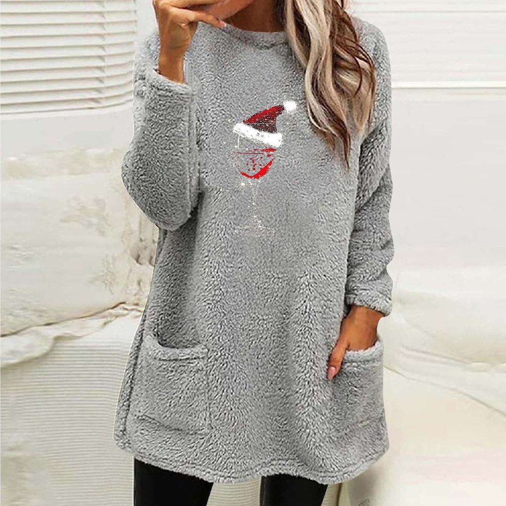 Women's Christmas Red Wine Glass Print Plush Hoodie with Pockets - Round Neck, Long Sleeve, Loose Fit (2024)