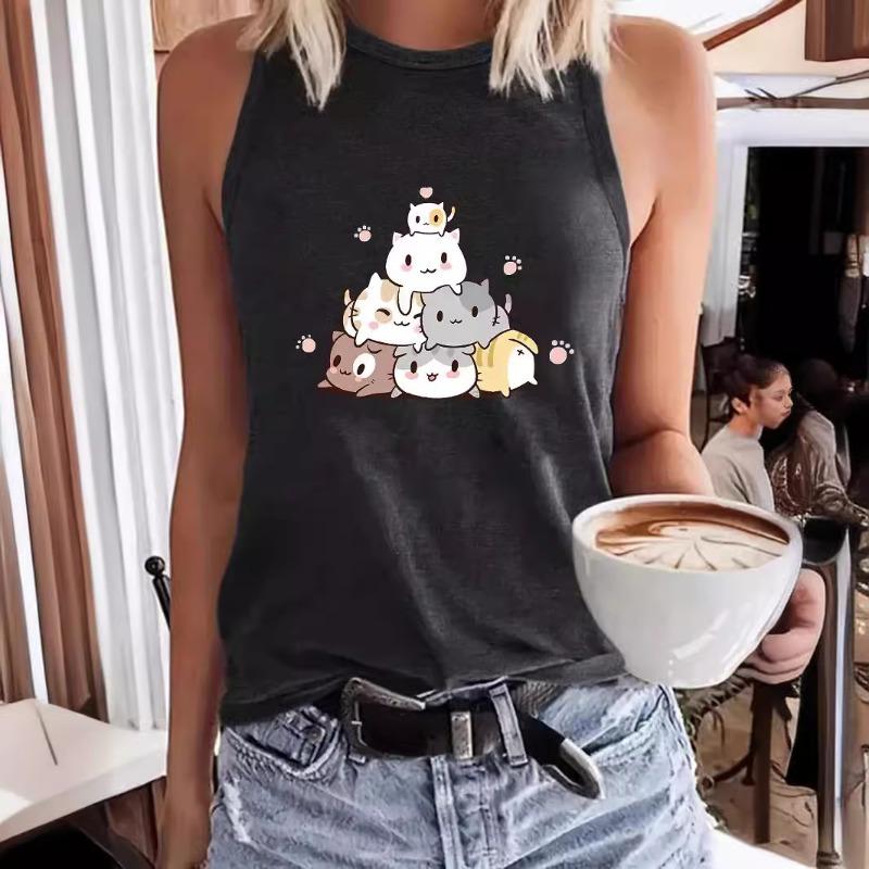Cartoon-bedrucktes Rundhals-Damen-Tanktop Frühling und Sommer Lässiges ärmelloses Oberteil