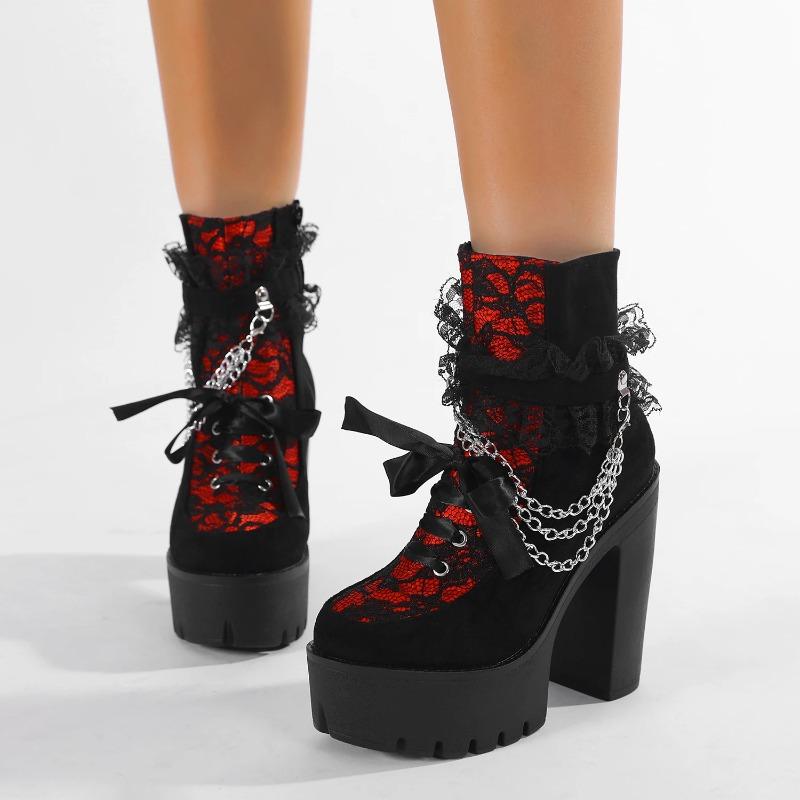 Fashion Vintage Gothic Lace Ankle Boots for Women Chunky Heel Side Zipper with Chain Detail Platform Goth Boots High Heels Women Shoes