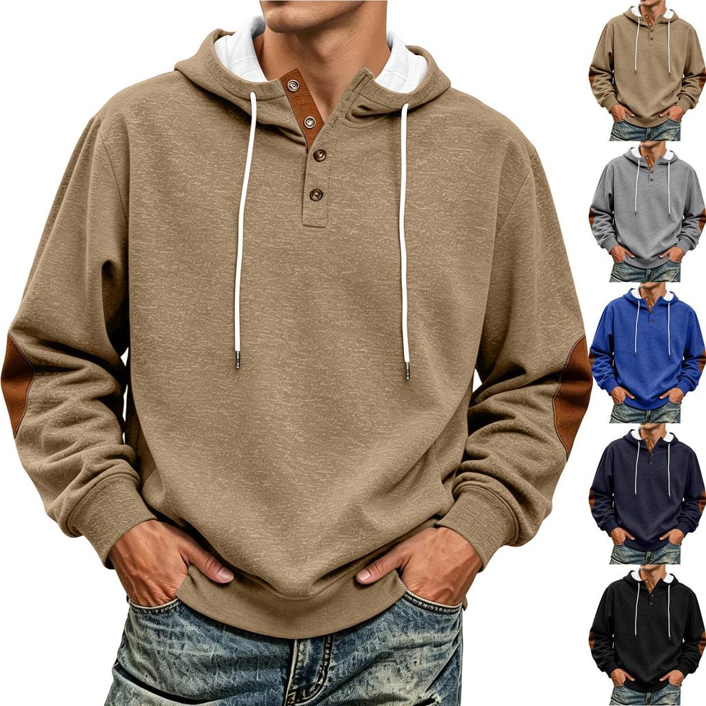 Men's Pullover Hoodie with Leather Patch and Button, Casual Loose Fit