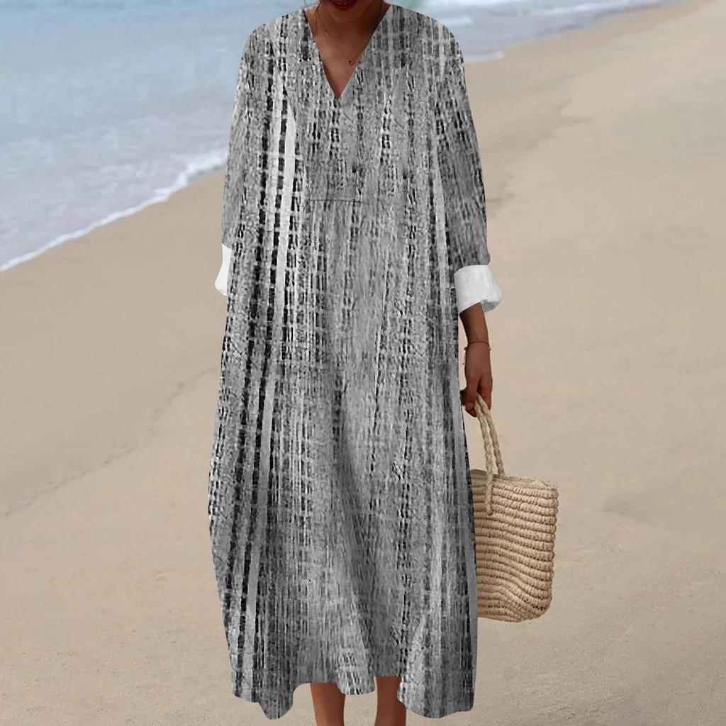 Women's Casual Fashion V-Neck Long Sleeve Floral Print Maxi Dress
