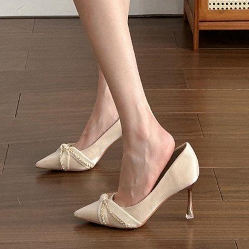 Temperament Stiletto Single Shoes Autumn New Pointed Toe Shallow Mouth Metal Chain Slip-on Anti-slip Wear-resistant High Heels
