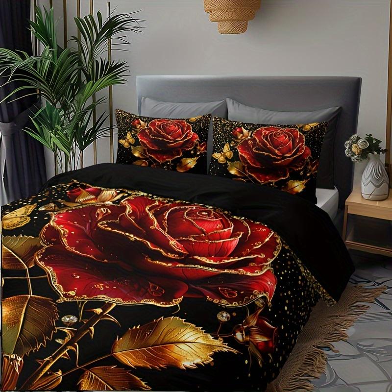 3Pcs Luxurious Golden Rose Duvet Cover Set - Includes 1 Duvet Cover & 2 Pillowcases Breathable Polyester