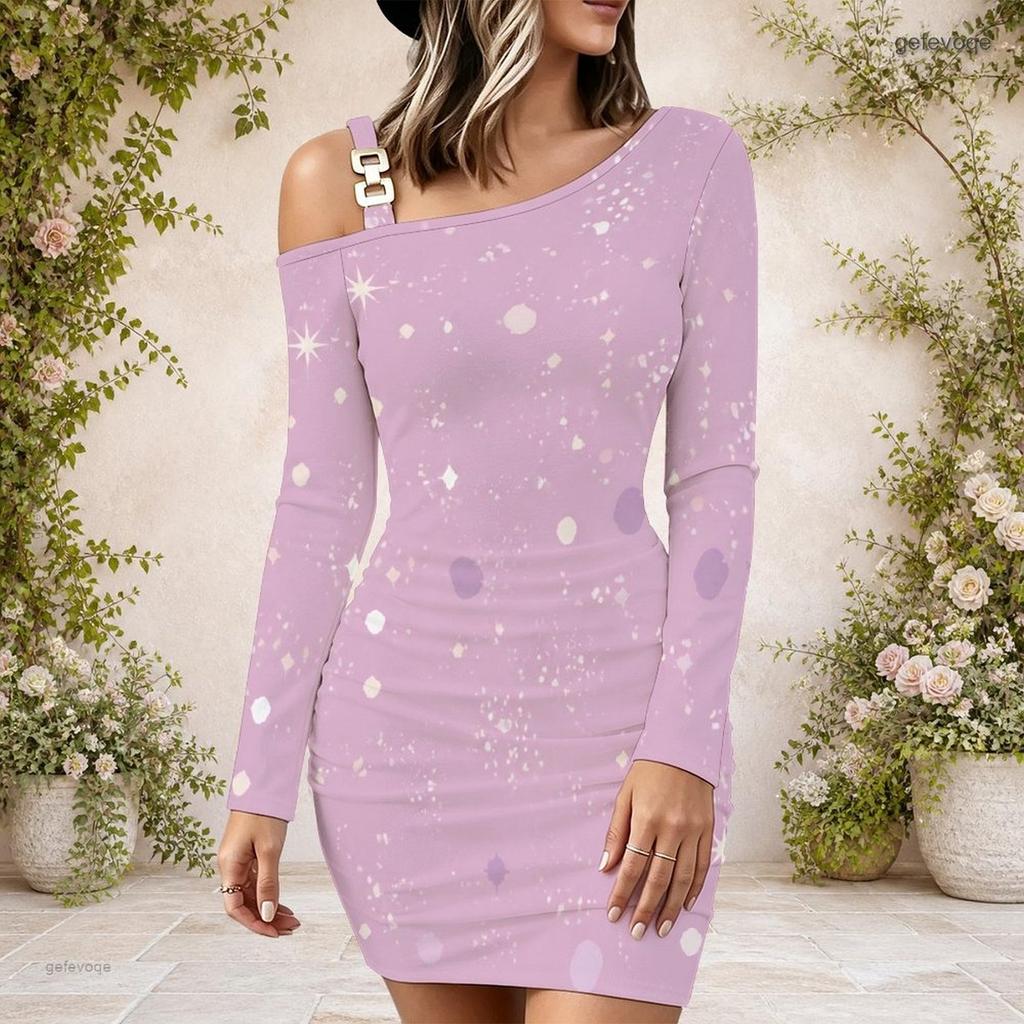 Women Plus Size One Shoulder Chain Strap Long Sleeve Black Blue Printed Bodycon Mini Dress