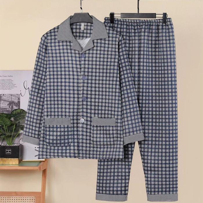 Men's Cotton Plaid Pajamas - Long-Sleeved Cardigan, Lapel, Plus Size, Perfect for Autumn and Winter.
