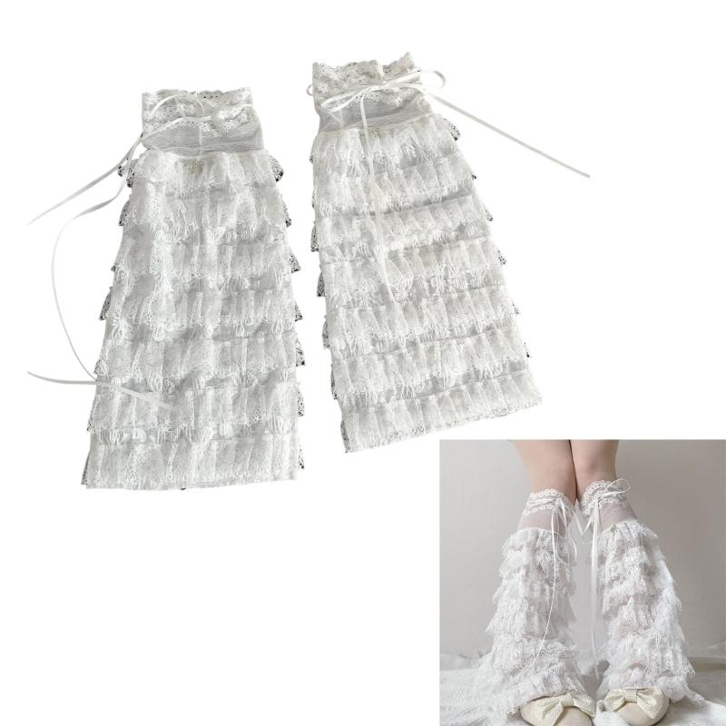 Aesthetic Elegant Tiered Ruffle Lace Leg Warmers for Women Mesh Leg Sleeves Covers Footless Socks with Ribbon Bowknot