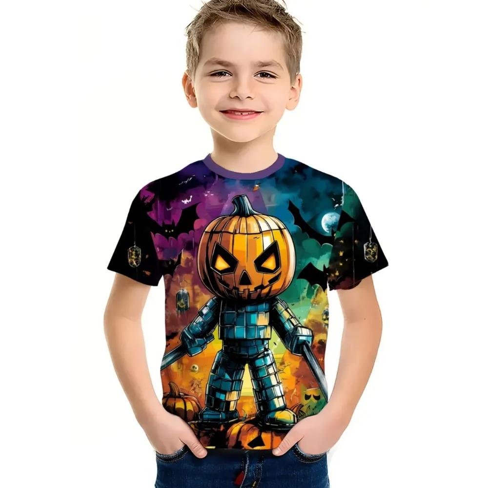 Rundhalsad 3D Robot & Pumpa Grafiskt Tryckta Kortärmade Barnpojks T-shirts - Mjuk Medium Stretch Polyestertyg Sommar Avslappnad Passform Kläder