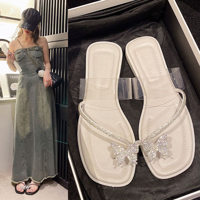 Rhinestone butterfly cover toe cool slippers women wear 2025 summer new low-heeled fairy style with skirt one-word slippers