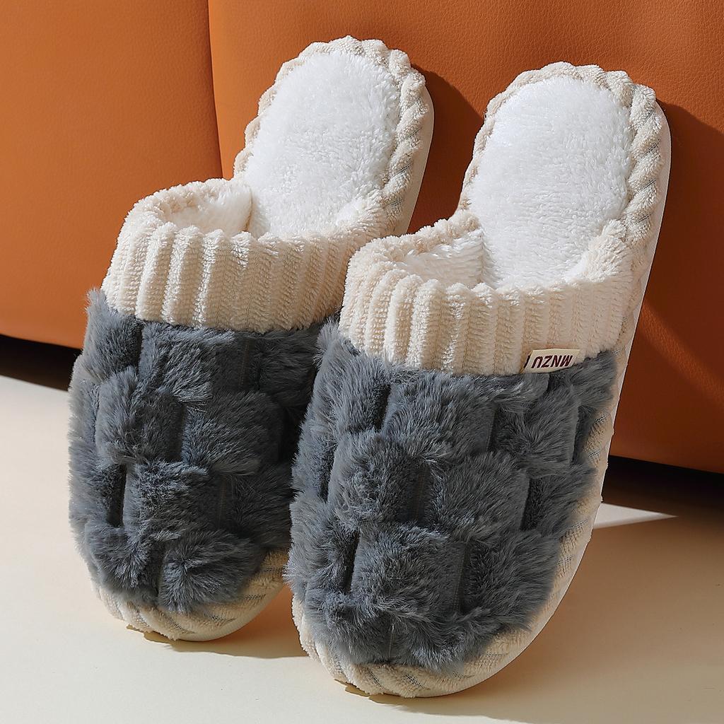 Plaid cotton slippers autumn and winter new home non-slip thick bottom indoor warm couple couple plush cotton mop