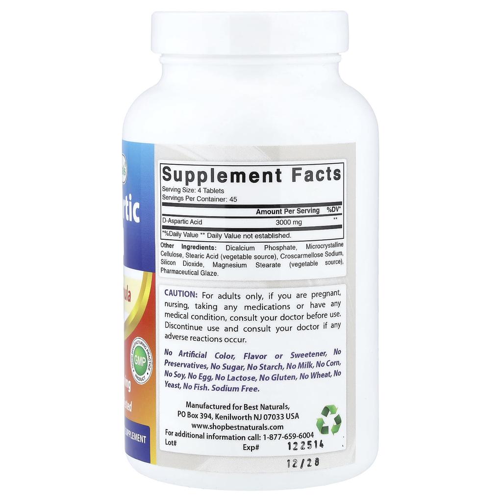 Best Naturals D-Aspartic Acid, 180 Tablets (750mg Per Tablet)