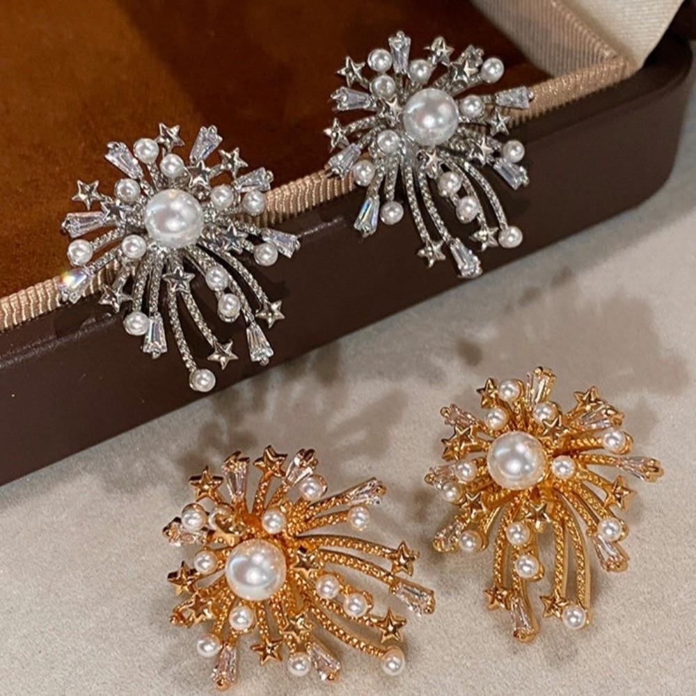 Pearl Like Dangling Firework Starburst Ear Studs Elegant Bridal Earrings for Ladies