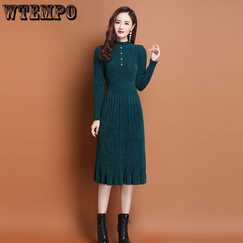 Faux Mink Fur Dress Mid-length Knitted Dress for Women Solid-color Casual Long-sleeved Sweater Autumn and Winter