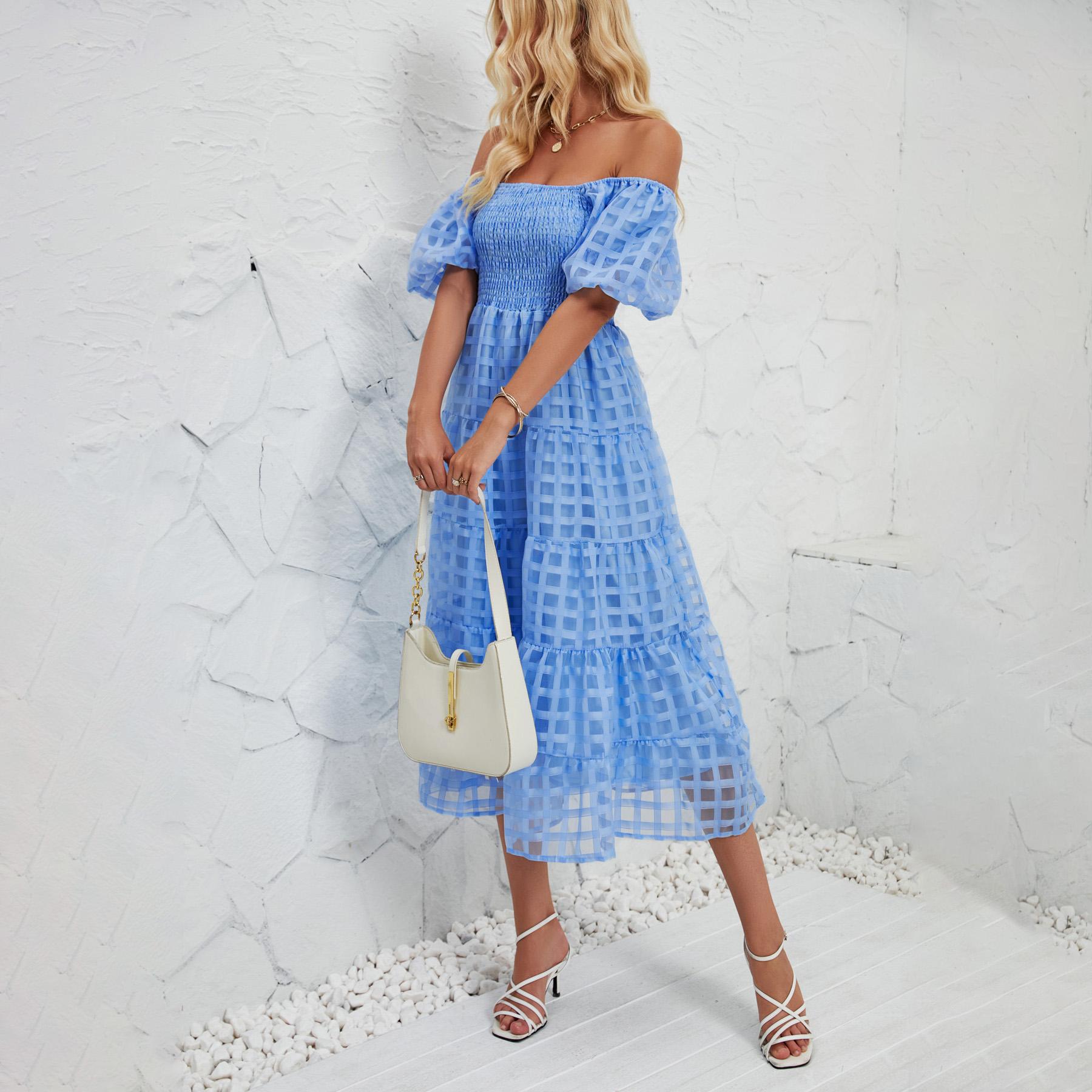 

Летнее женское модное однотонное плиссированное платье длиной до щиколотки с короткими рукавами XL синий