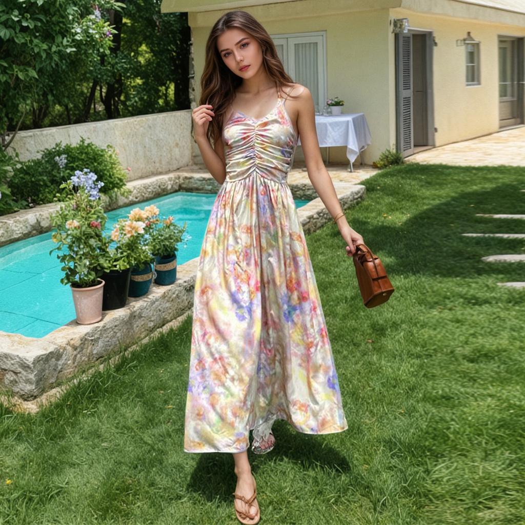 Women's Summer Vintage Oil Painting Print Holiday Style Halter Waist Halter Dress