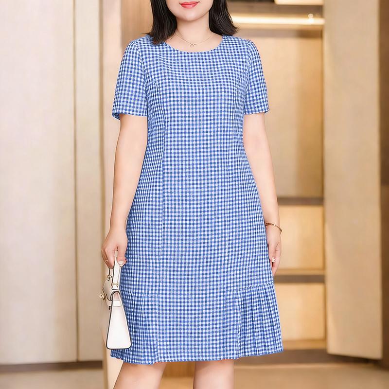 ZANZEA Women Plaid Print Casual Round Neck Short Sleeve Dress